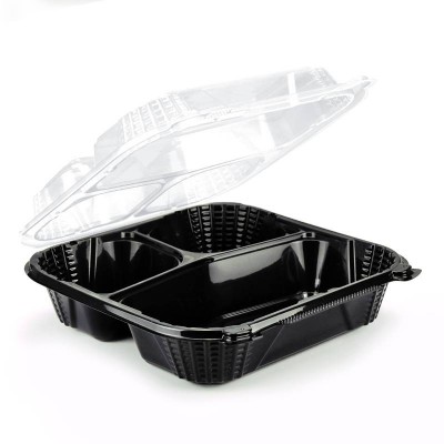 Wholesale Disposable 8 Inch Square Dual Color Black&clear Hinged Clam Shell Food Container To Go Meal Box With 3 Compartments